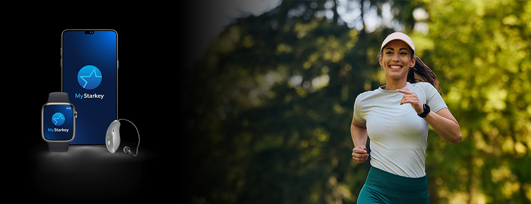 Image of the My Starkey app home screen on a smartphone and an Apple Watch beside the image of a woman jogging outdoors